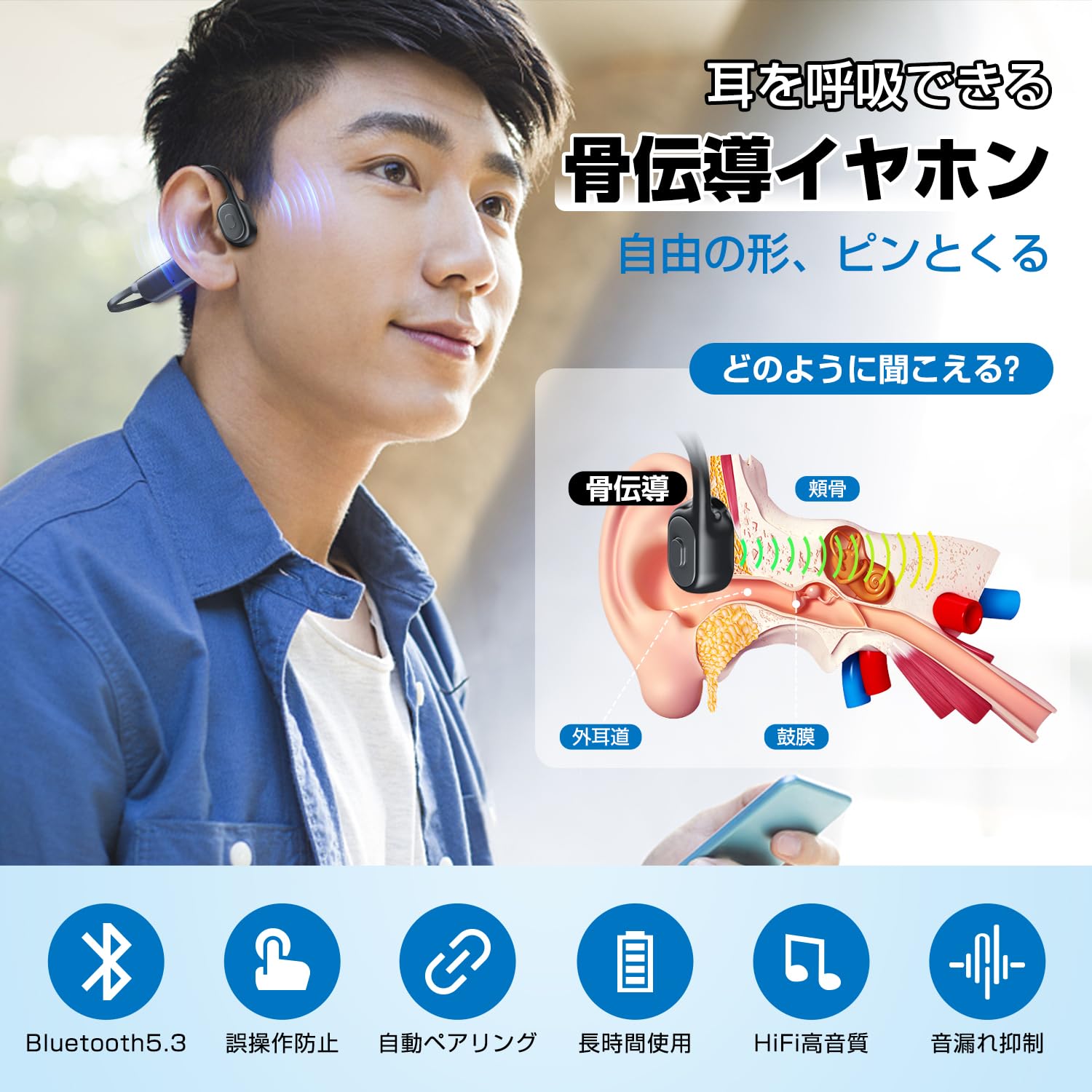 Amazon.co.jp: 骨伝導イヤホン ワイヤレスイヤホン イヤホン bluetooth
