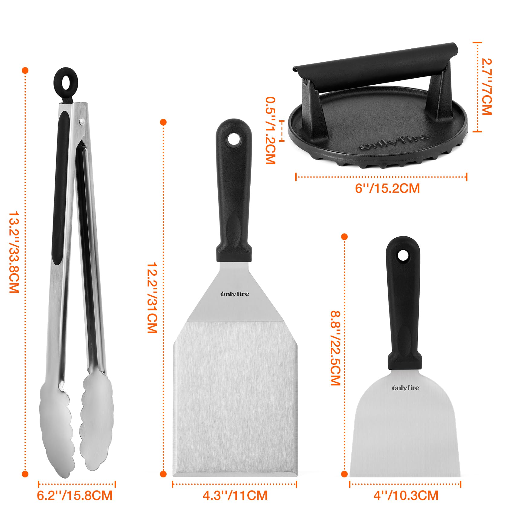 onlyfire Set di Spatola 4pcs Kit Utensili Barbecue per Teppanyaki, Smash Burger Pressa per Hamburger in Ghisa, Spatola per Piastra, Raschietto per Barbecue e Pinze da Cucina, Kit Utensili Barbecue