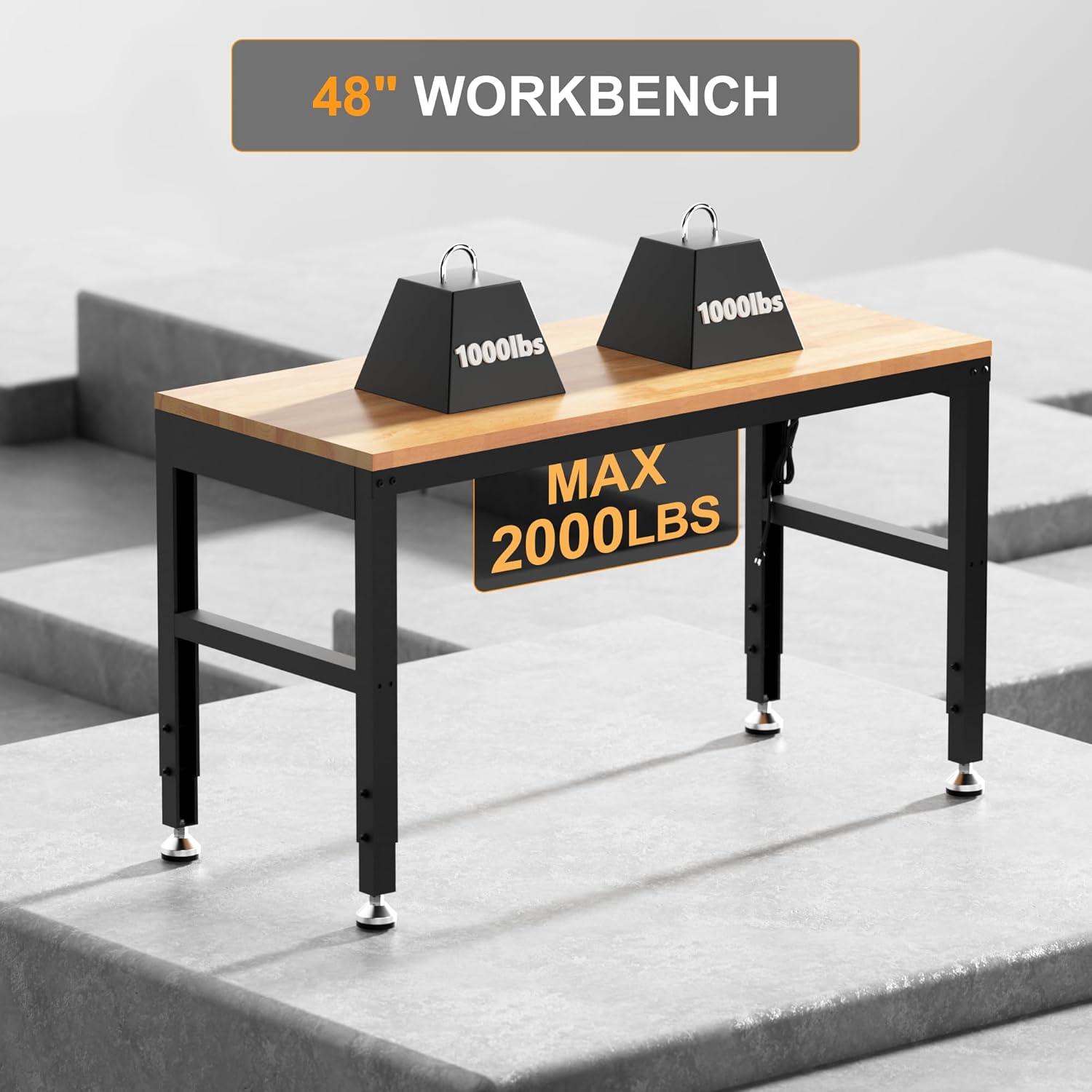 Heavy Duty Workbench Adjustable, Solid Wood Working Bench, Work Tables with Power Outlets for Home Office, 2000 Lbs Capacity (48 inch with feet)