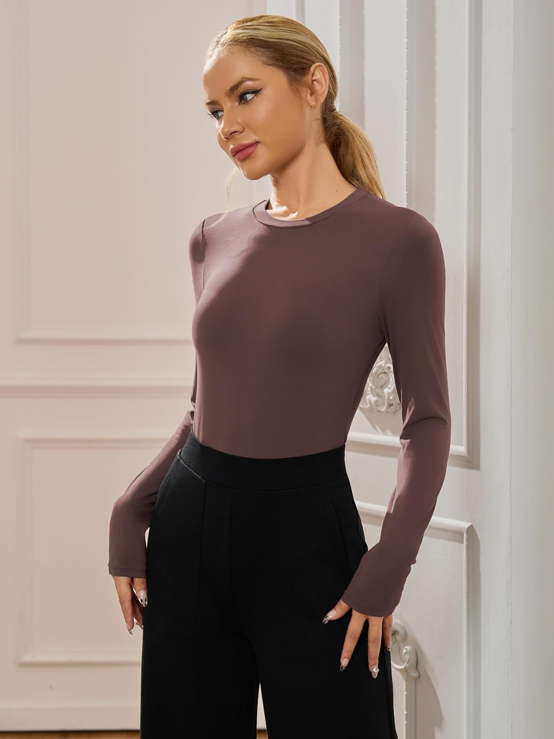 AFITNE Women’s Crew Neck Long Sleeve Bodysuit Basic Trendy Tummy Control Double Lined Thong Body Suit Tops Shirts - Image 5