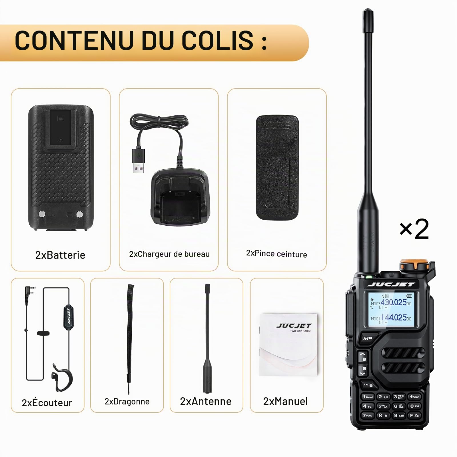 UV-K5 Talkies-Walkies, kit radioamateur bibande, Lot de 2 | 200 canaux par radio, double affichage et double veille, radio FM, VOX, scan, recharge USB-C et sur socle, accessoires audio