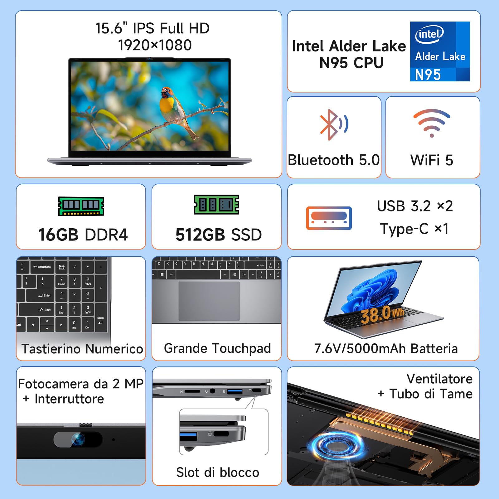 BMAX Notebook 15,6" PC Portatile 16GB DDR4 512GB SSD Alder Lake N95 (fino a 3,4 GHz) Computer Portatile Win11 Laptop 1920x1080 USB 3.2x2, Type C, 5G WiFi, BT5.0, mini HDMI, Film per Tastiera Italiana