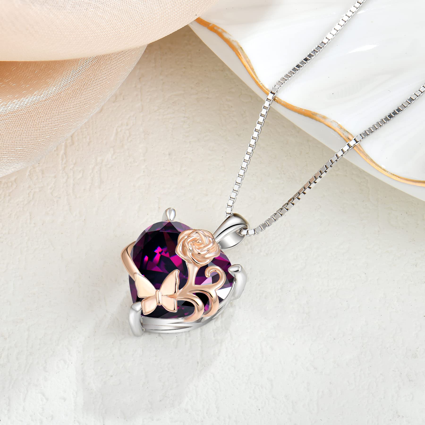 YL Collar Corazón Plata de Ley 925 con 12 piedras de Nacimiento Circonita Rosa Colgante para Mujer