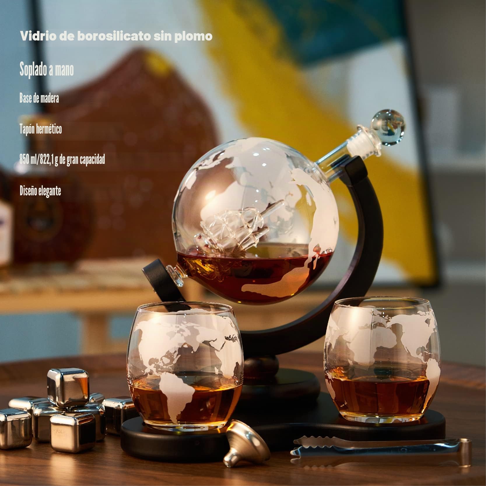 Juego de Decantador de Whisky, Decantador de 850 ml, 2 Vasos de Globo Grabados, Embudo de Acero Inoxidable y 8 Cubitos de Hielo de Piedras de Whisky de Acero Inoxidable (A-850 ml)