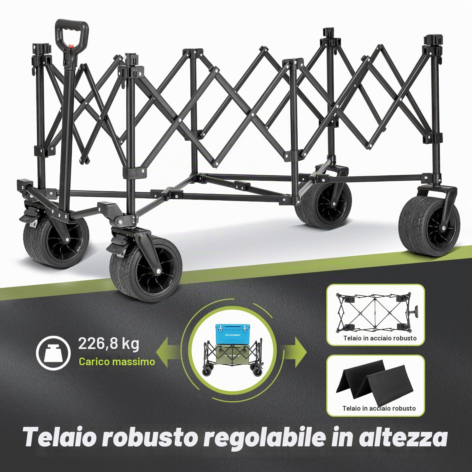 EchoSmile XXXXL Carrello Pieghevole da Giardino 300L 227 kg, Carretto da Spiaggia con Ruote Grandi, Carrelli da Trasporto con Freni per Campeggio, Shopping e Attività All'aperto, Verde