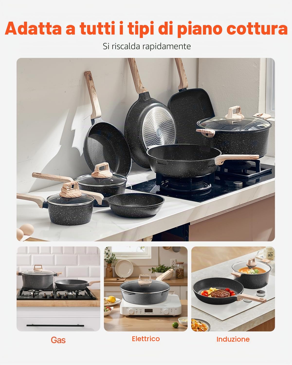 VEVOR Set di Pentole, Padelle Antiaderenti in Granito con Manico, Set di Pentole a Induzione da Cucina per Camper, con Frittura, Coperchi in Vetro Temperato, Nero 19 Pezzi