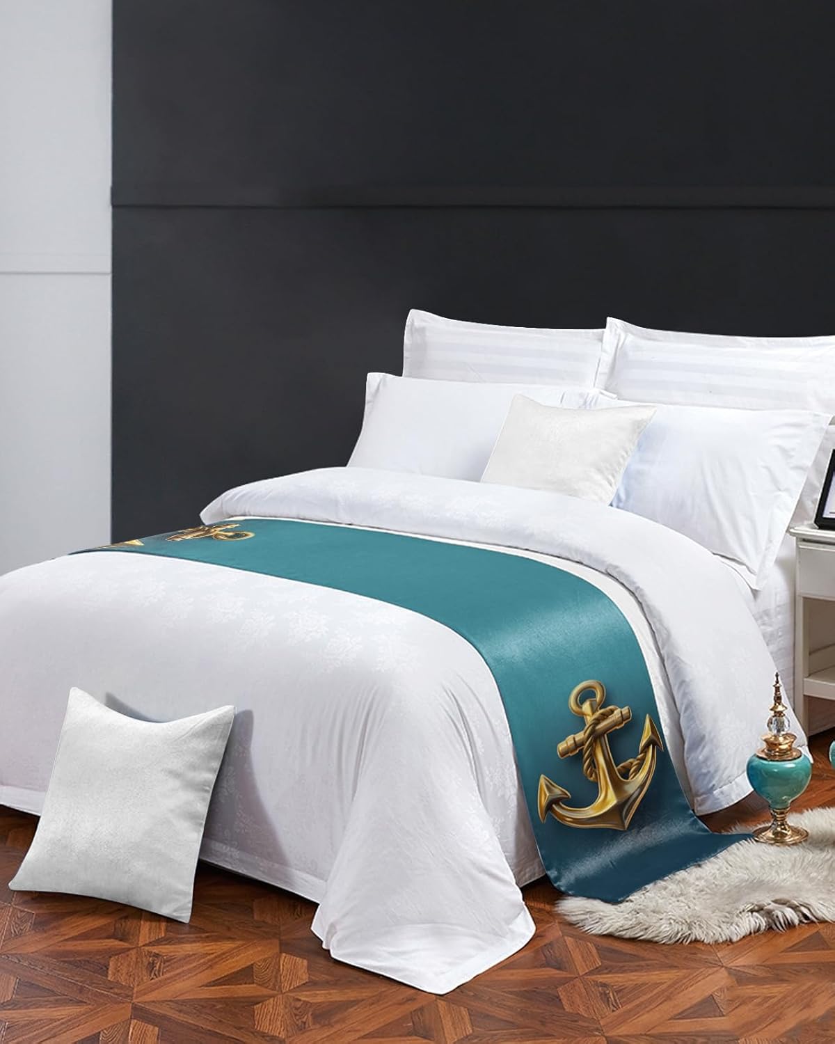 Smile Sunflower Bed Runner Scarf Ocean Golden Anchor Gradient Green Texture Bedding Scarf Decorative Bed Runners Cover for Home Bedroom Hotel Wedding Room Bed Scarf for Foot of Bed King 102x20in