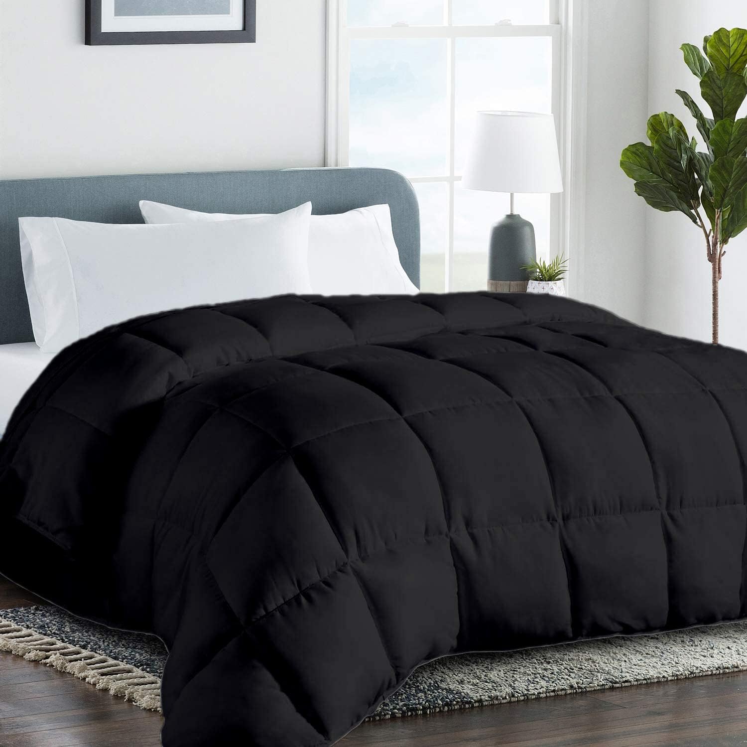 Super King Plus Comforter 120x120 Inch – 3 Piece Down Alternative Box Stitched Duvet Insert Set, All Season Quilted Bedding with 8 Corner Tabs, Ultra Soft & Breathable, Black