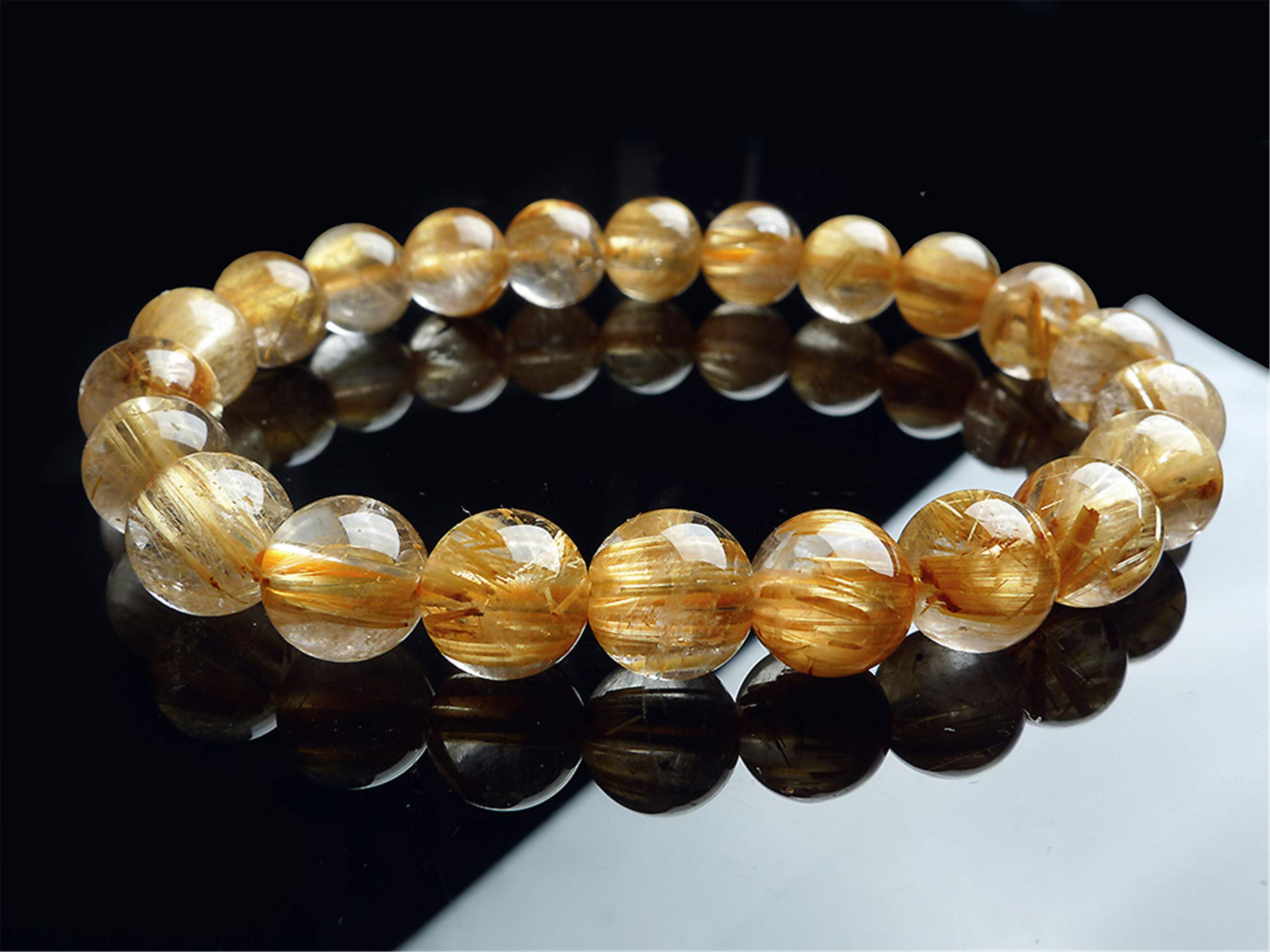 Bracciale elasticizzato con perline rotonde di cristallo di quarzo rutilato giallo naturale da 9 mm AAA