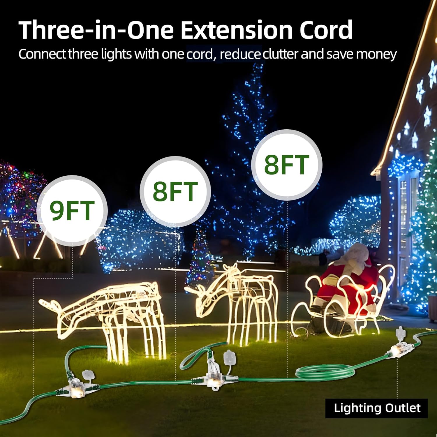 Christmas 25 FT Outdoor Extension Cord with Multiple Outlets, 3 Evenly Spaced Outlets with Indicator Lights, 16/3 SJTW Weatherproof Power Cord Outdoor for Christmas, Halloween, Holiday Decorations