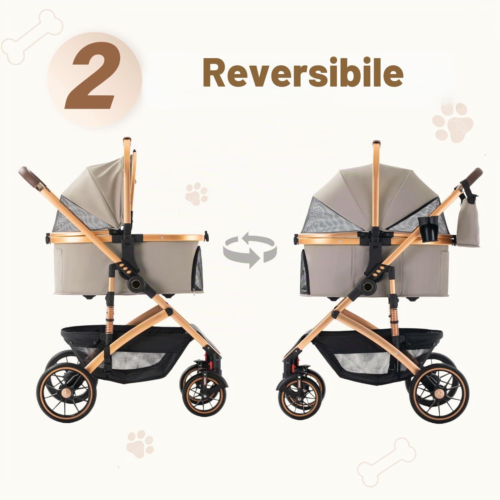 Pieghevole Passeggino Per Cani, Carrozzina Per Cani E Gatti Piccoli E Medi, Piegatura Con Un Clic, Trasportino Rimovibile, Cuscinetto Lavabile, Guinzaglio Di Sicurezza, Ruote PU 9", 22KG,Cachi
