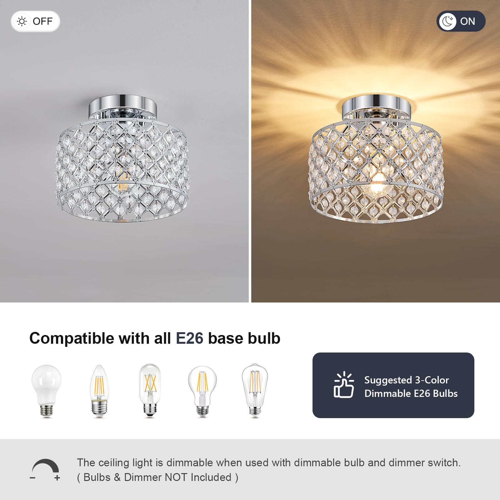 Plafonnier en cristal chromé, plafonnier moderne semi-encastré, petit lustre rond pour couloir, entrée, buanderie, cuisine, chambre, foyer, salle de bain, 1 lumière, 22,9 cm
