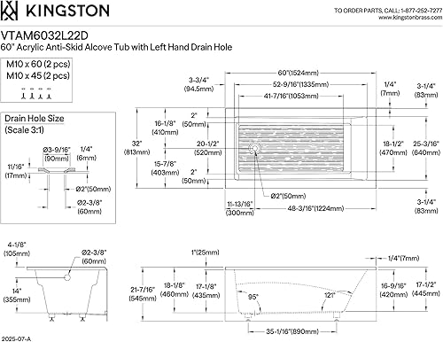 Miniatura 6 de Aqua Eden VTAM6032L22D - Tina de alcoba de acrílico antideslizante de 3 paredes de 60 pulgadas con orificio de drenaje para mano izquierda, color