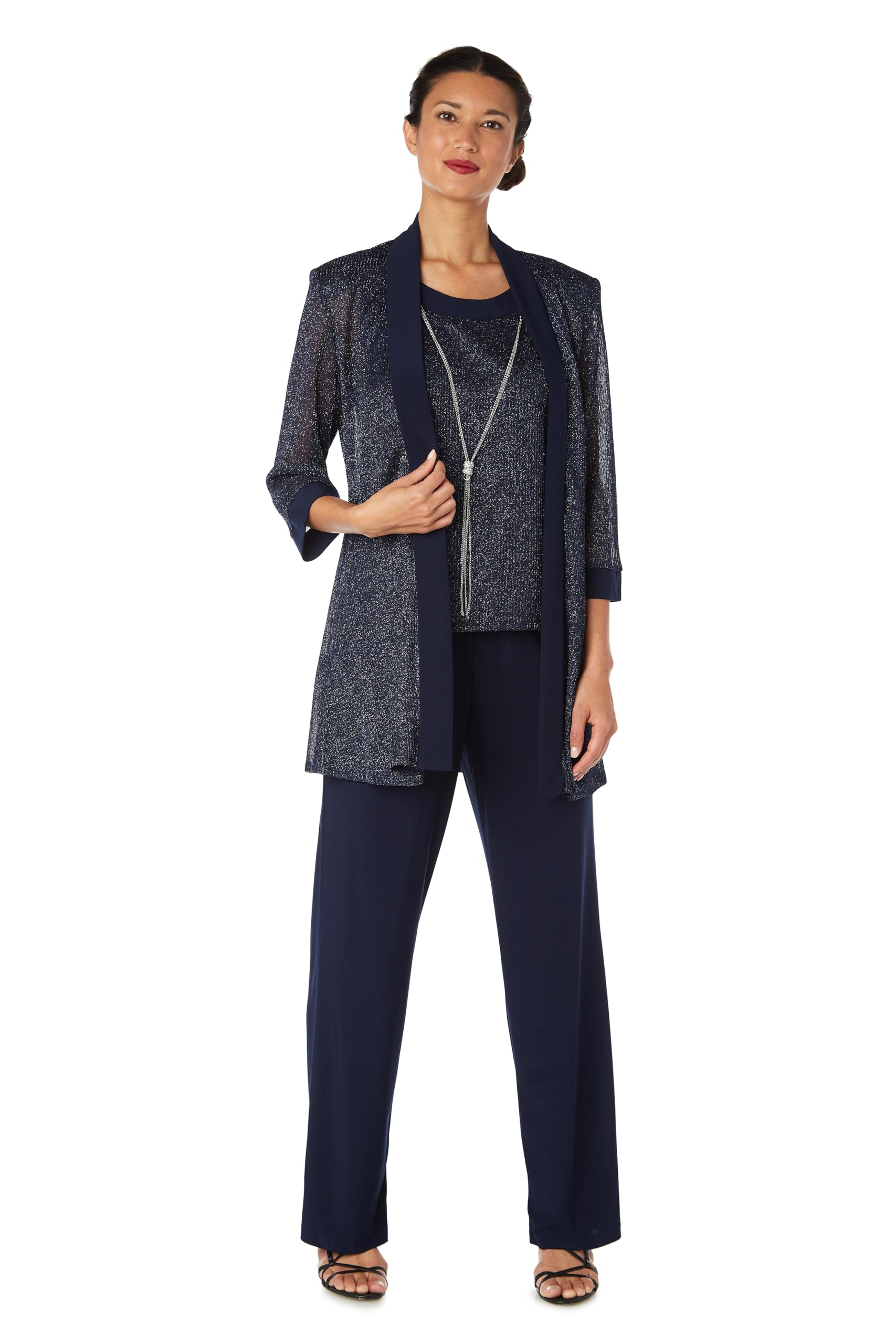 R M Richards Womens Elegant Metallic Rib Knit Twinset Pant Suit 2-Piece Dressy Jacket Straight Leg Trousers Pant