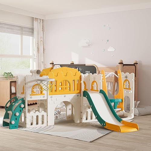 Miniatura 7 de Sistema de juego para patio de recreo, tobogán 10 en 1 para niños pequeños, para interiores de 1 a 3 años con columpio, aro de baloncesto y