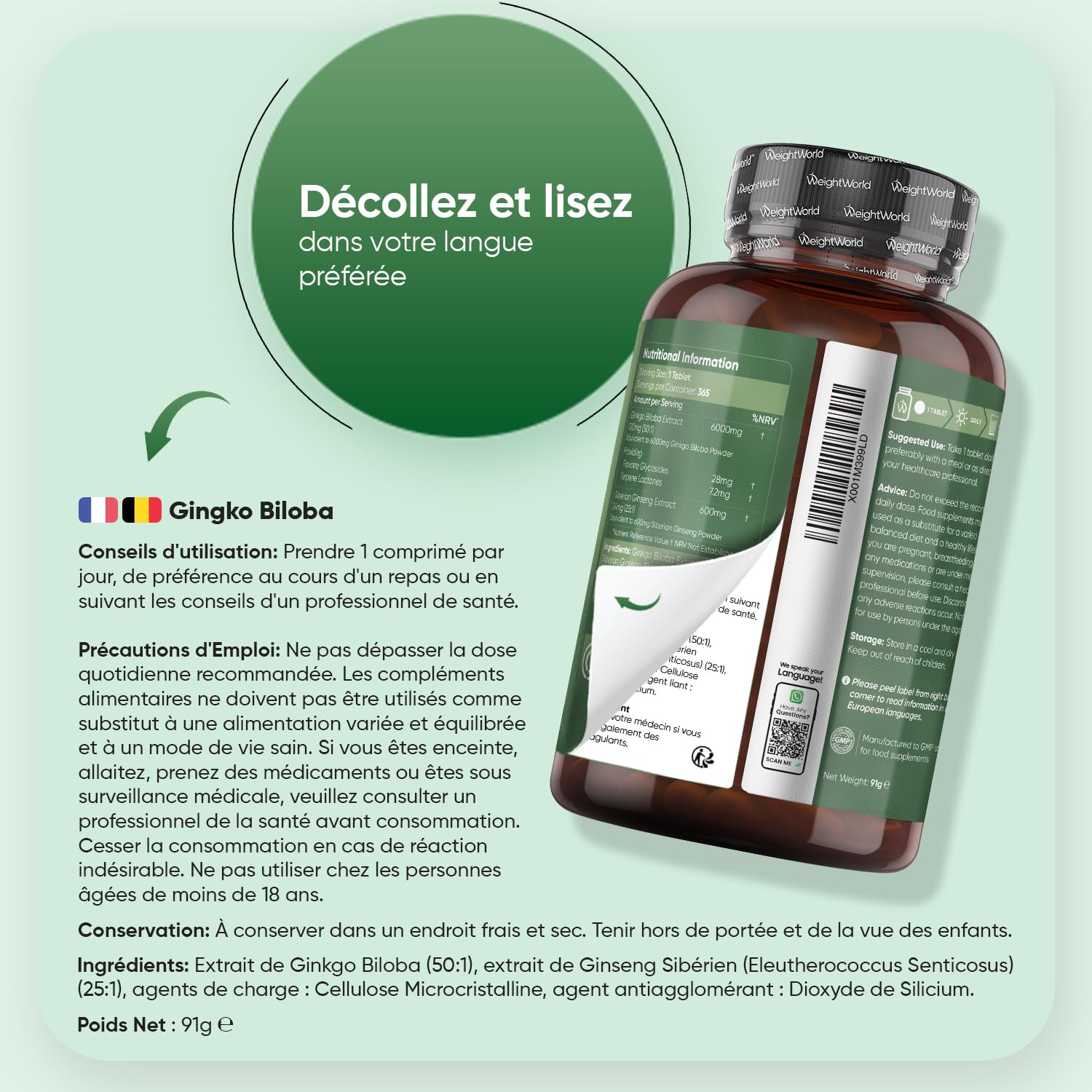 Ginkgo Biloba 6600mg avec Ginseng Sibérien, 365 Micro-Comprimés pour 1 An, Extrait de Ginko Biloba en Comprimés Vegan avec Flavones Glycosides & Terpènes Lactones, Sans Acide Ginkgolique et Sans OGM