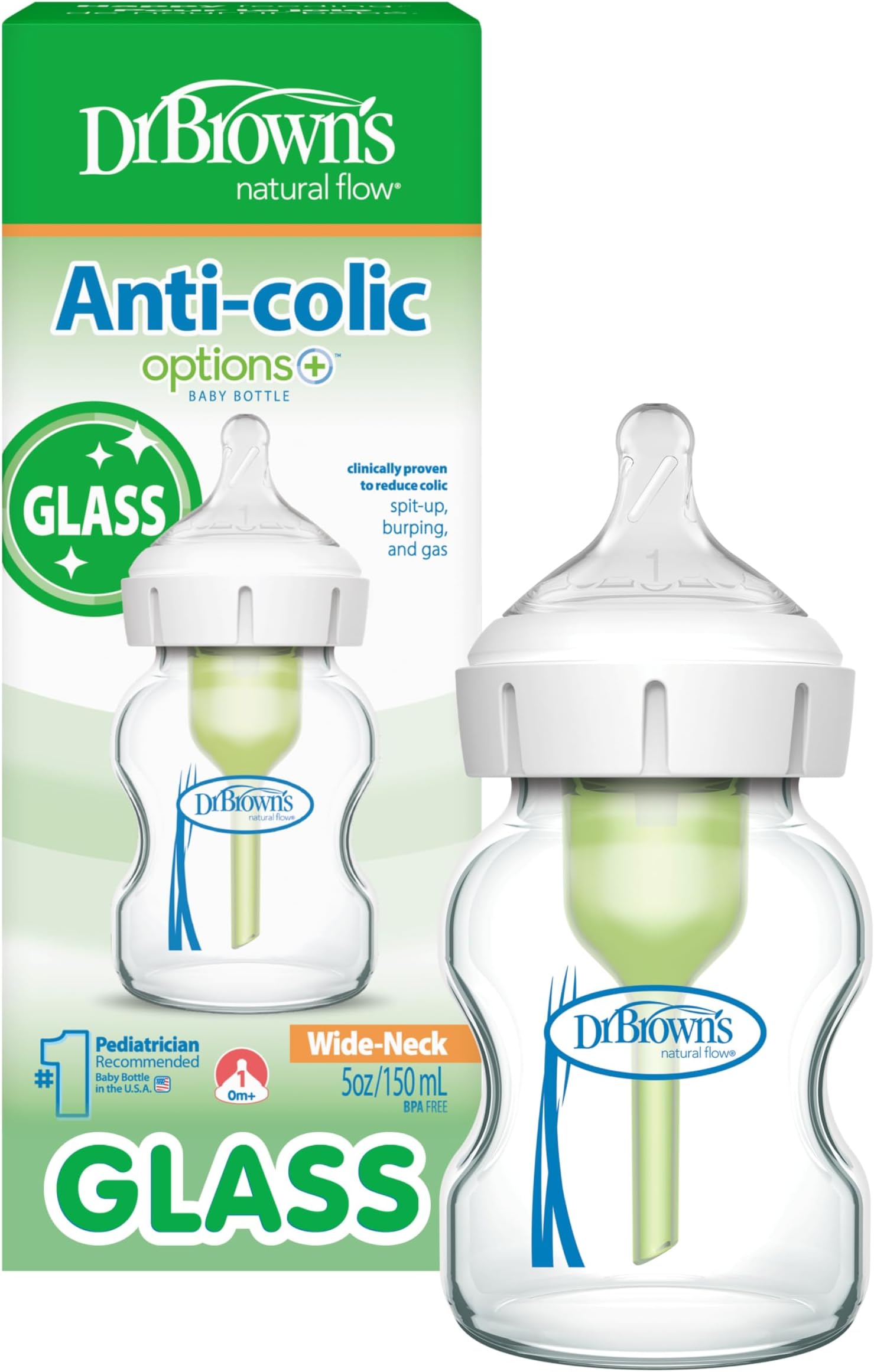 Dr. Brown's Anti-Colic Options+ Wide-Neck Glass Baby Bottle, 5 oz, 1-Pack | Clinically proven to reduce colic, glass bottle with Level 1 slow flow nipple, 0m+, BPA-free