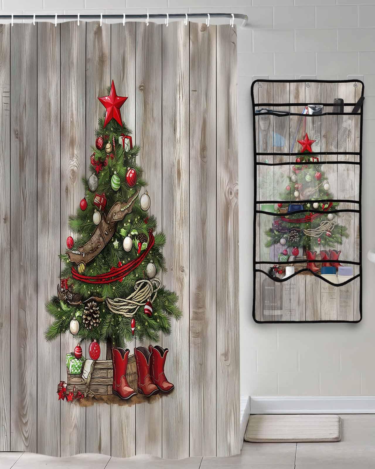 Decorative Shower Curtain Sets Western Christmas Tree Polyester Fabric Waterproof Shower Curtains Winter Xmas Cowboy Wooden Grain Mesh