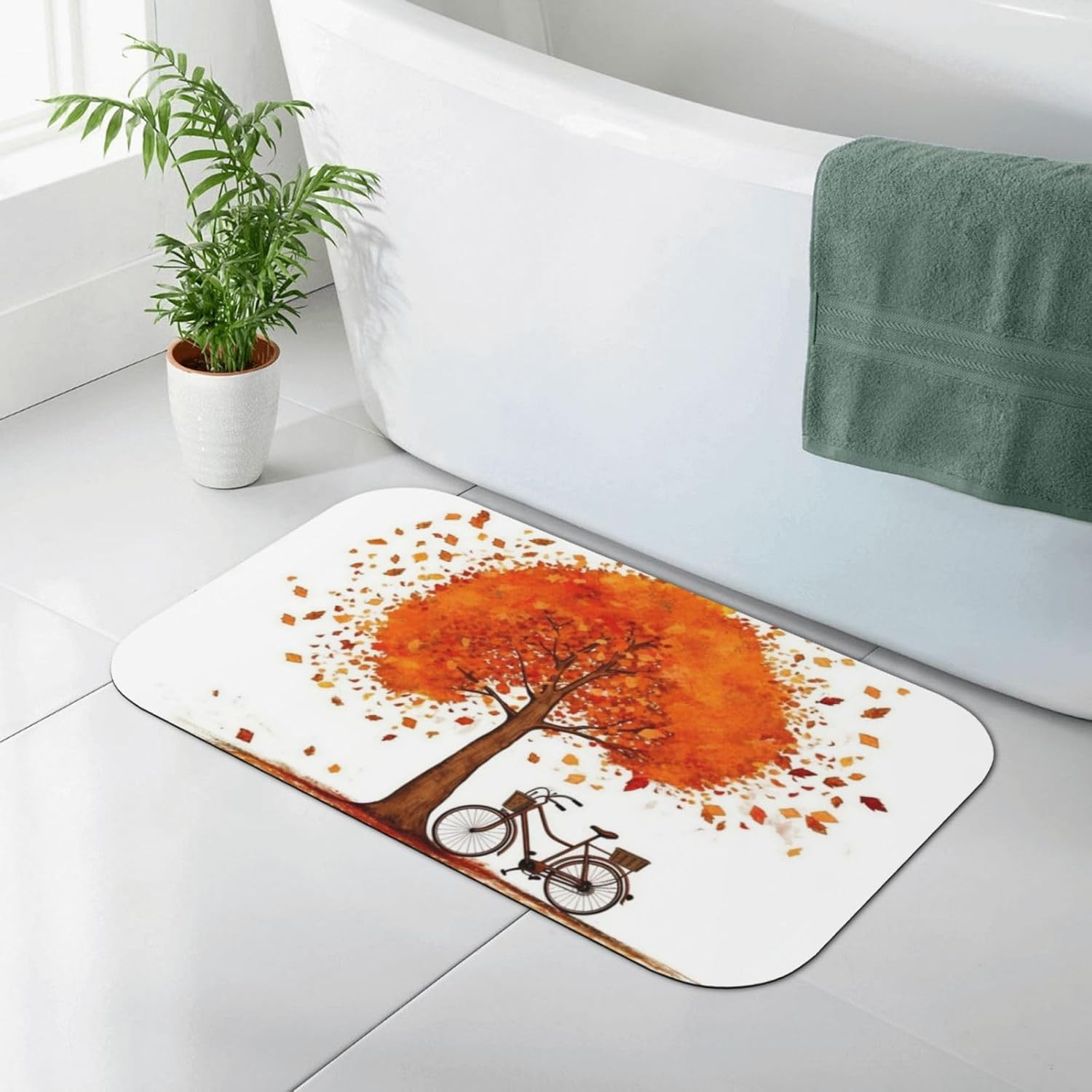 Stone Bath Mats Autumn Tree with Aged Old Bike Diatomaceous Earth Bath Mat Super Absorbent Bathroom Floor Mat Quick Drying Diatomite Shower Mat for Shower Bathtub Bathroom Accessory 19.7x31.5in