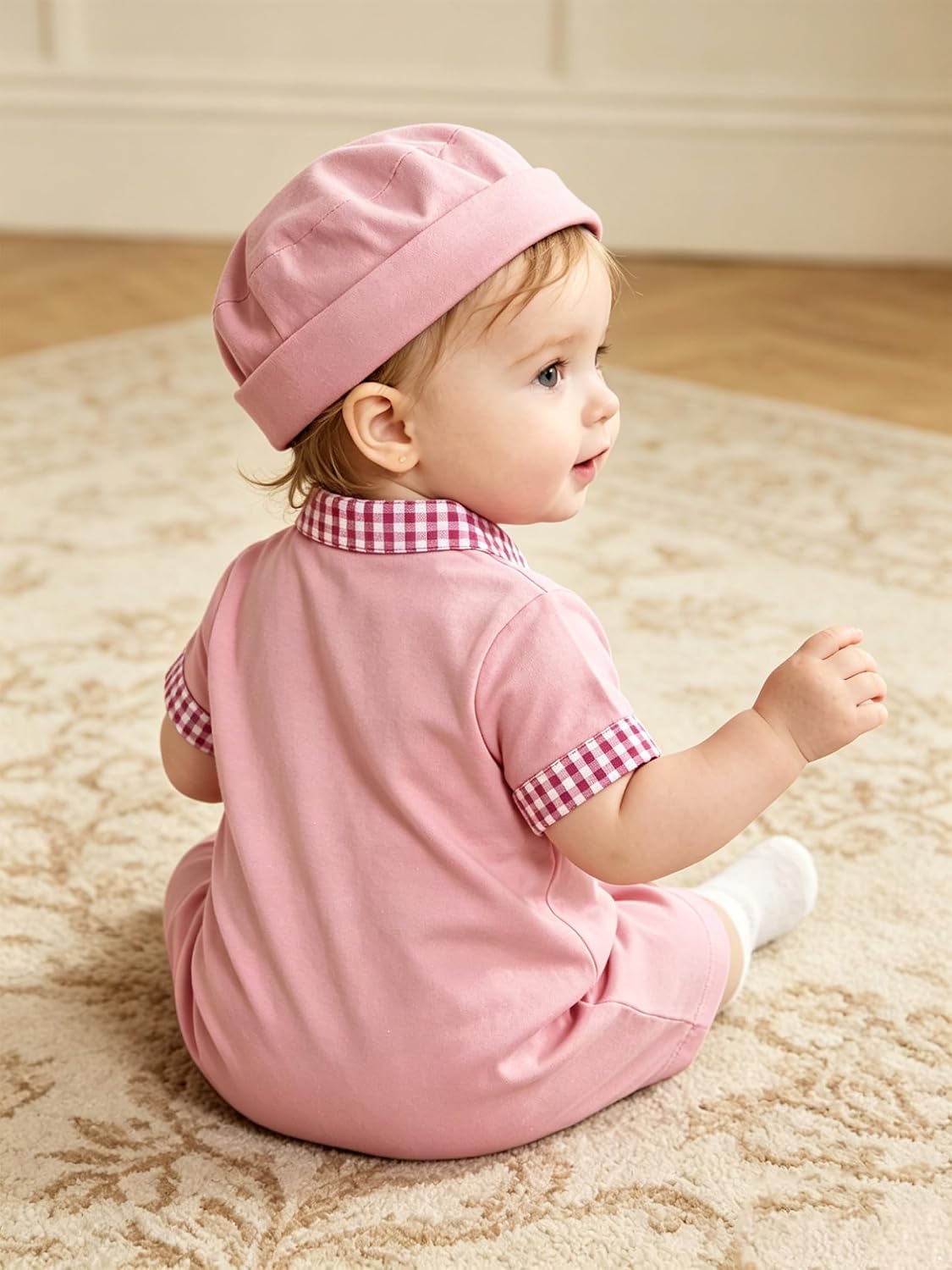 iiniim Infant Short Sleeve Kaftan Thobe Gingham Placket Abaya Robe 1st Ramadan Outfit Prayer Clothes