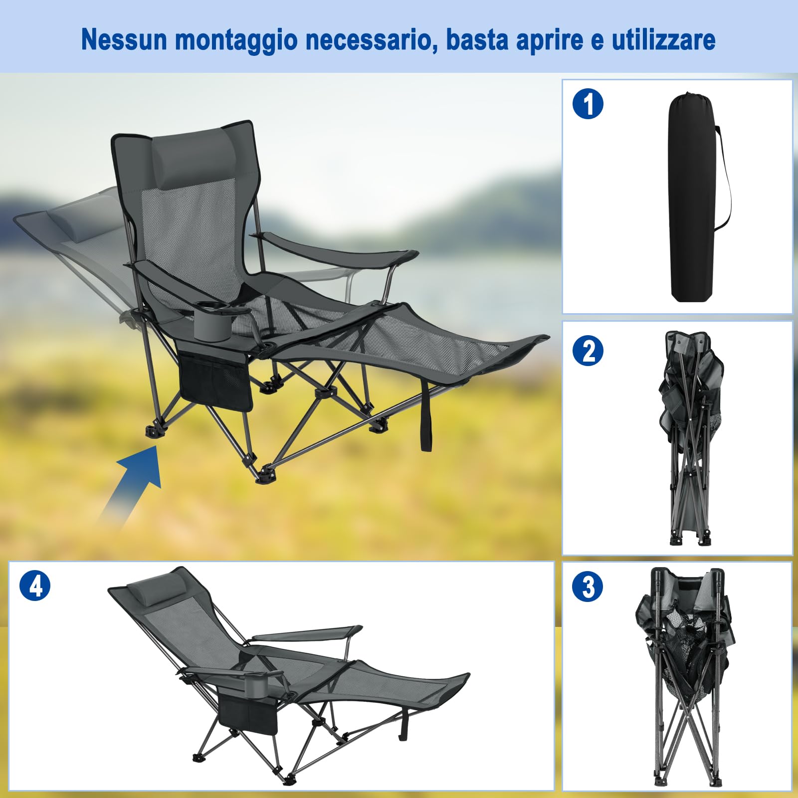 eSituro Sedia da Campeggio Pieghevole Portabile, Leggera, Schienale Regolabile 2 Posizioni, Oxford Grigio