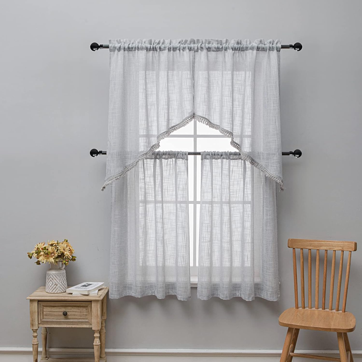 Beda Home Tassel Linen Textured Swag Curtain Valance for Farmhouses’ Kitchen; Light Filtering Rustic Short Swag Topper for Small Windows Bedroom Privacy Added Rod Pocket Design (Lt Grey 36x45-2PCs)