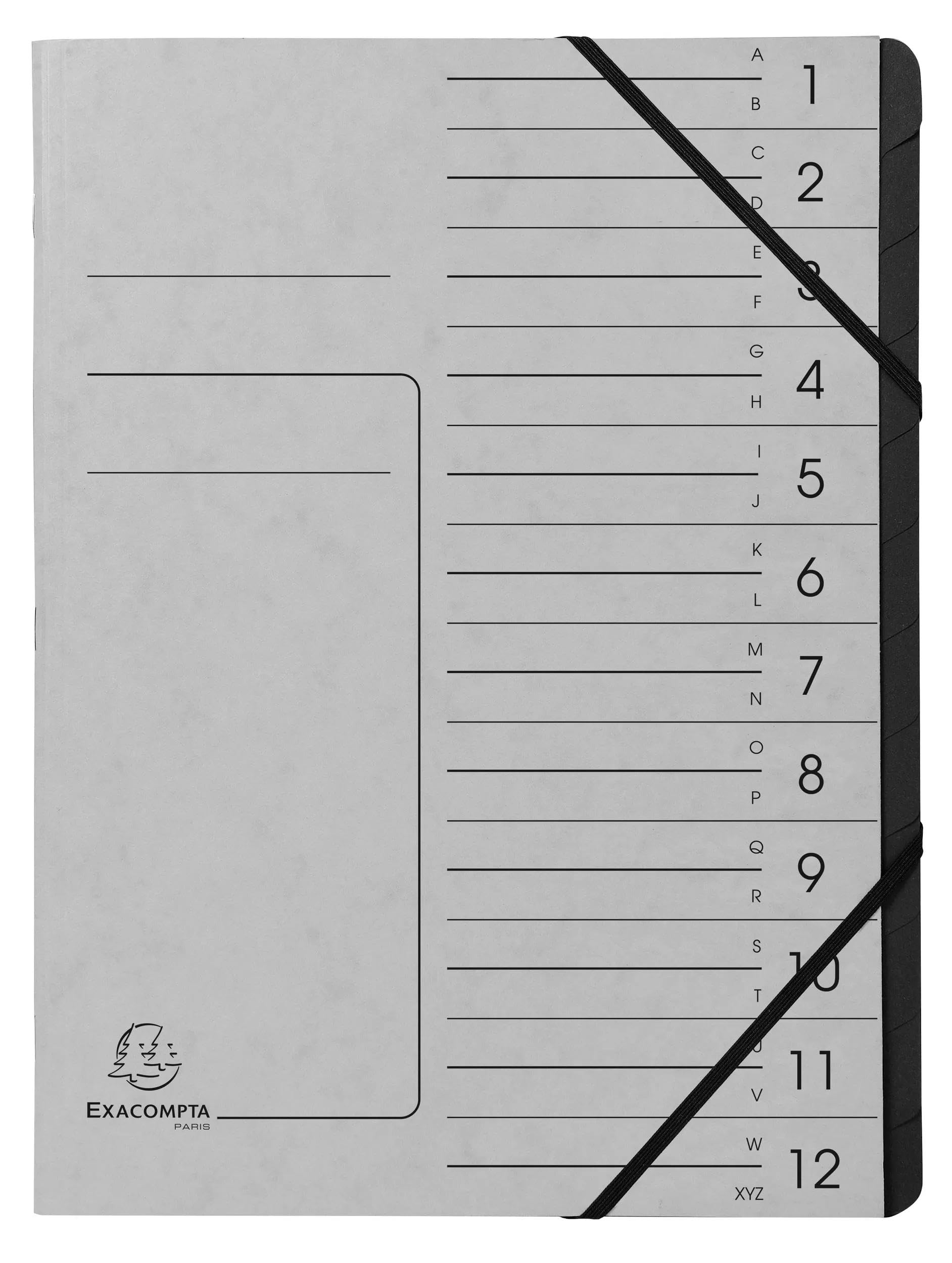 Exacompta - Ref. 541211E - Caja de 10 clasificadores de espalda grapados - con gomas - cubierta impresa en tarjeta brillante e interior en tarjeta reciclada negra - 12 compartimentos - 24,5 x 32 cm