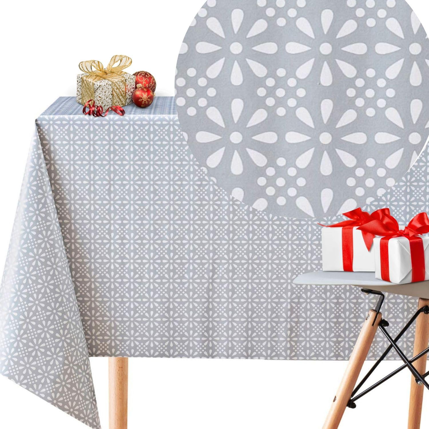 KP Home Wipe Clean Tablecloth Grey PVC Table Cover - Rectangle 200 x 140 cm - Easy Wipeable Vinyl Plastic Table Cloth with Retro Floral Print