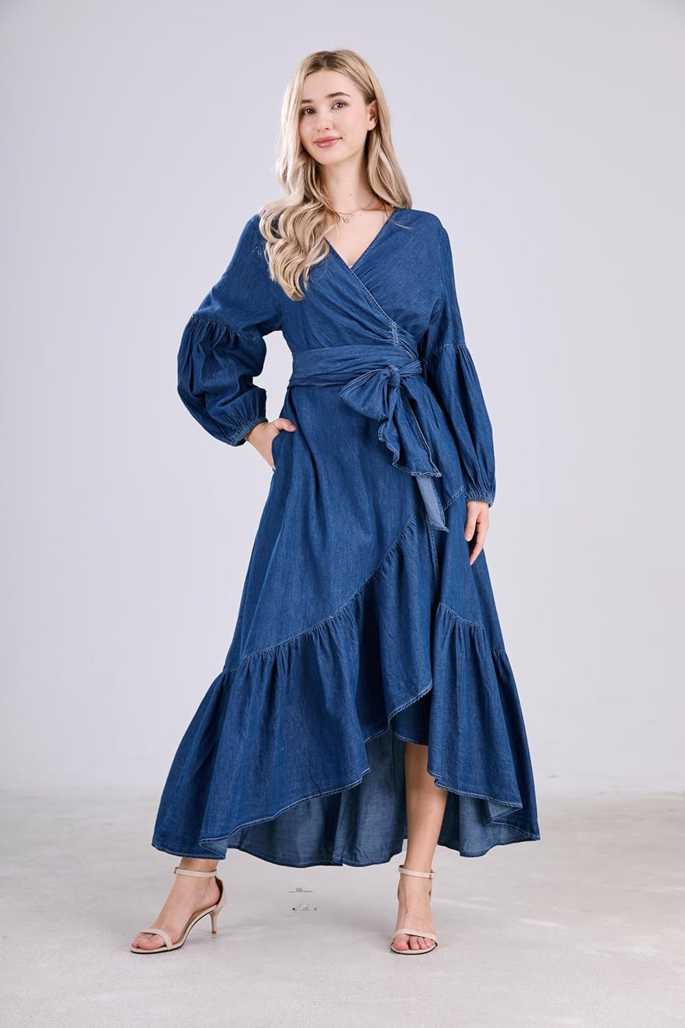 utcoco Womens Casual Belted Long Sleeve Denim Dress Wrapped V-Neck Ruffle Hem Maxi Denim Dresses for Women 2025 - Image 2