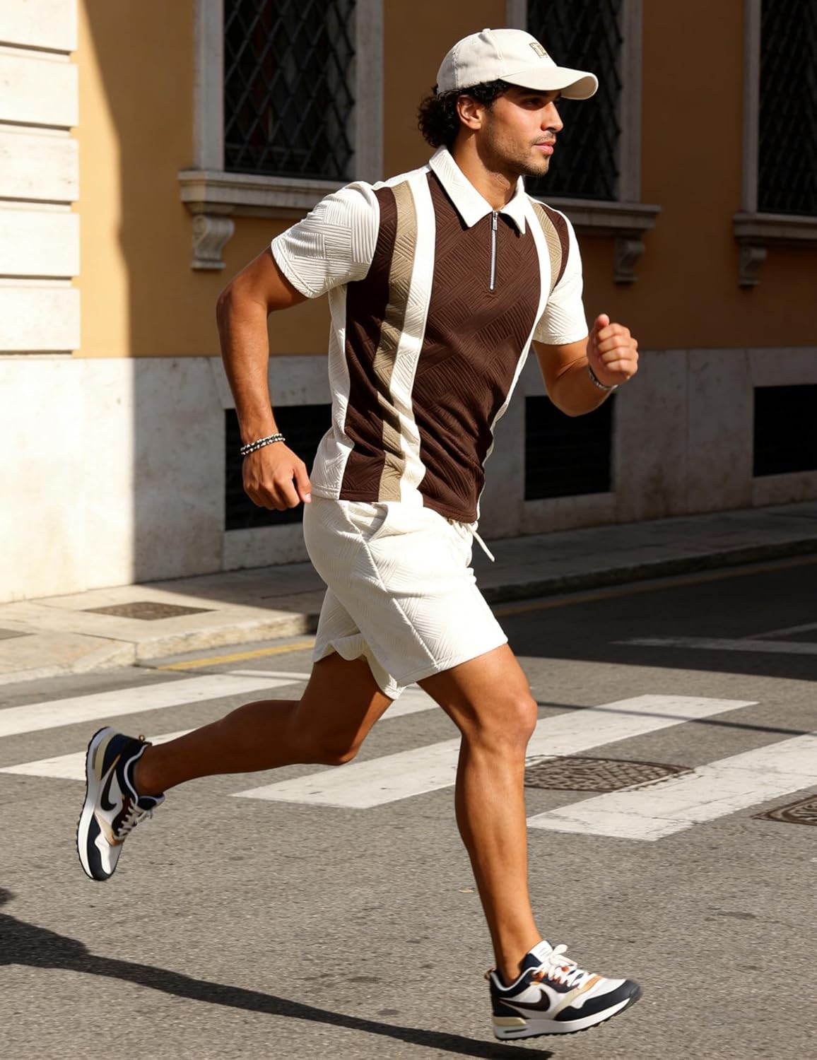 UOUA Mens Summer Track Suits 2 Piece Shorts Sets Short Sleeve Sweatsuit Outfits 1/4 Zip Golf Polo Splicing Striped Shirts