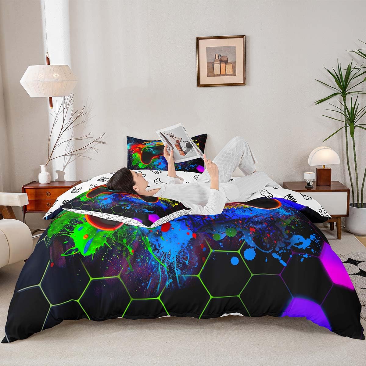 Homemissing Colorful Gaming Duvet Cover Set Single Size For Kids Boys Girls Teens Honeycomb Gaming Bedding Set Game Controller Duvet Cover with 1 Pillowcase Hexagon Gamer Bedding - Image 3
