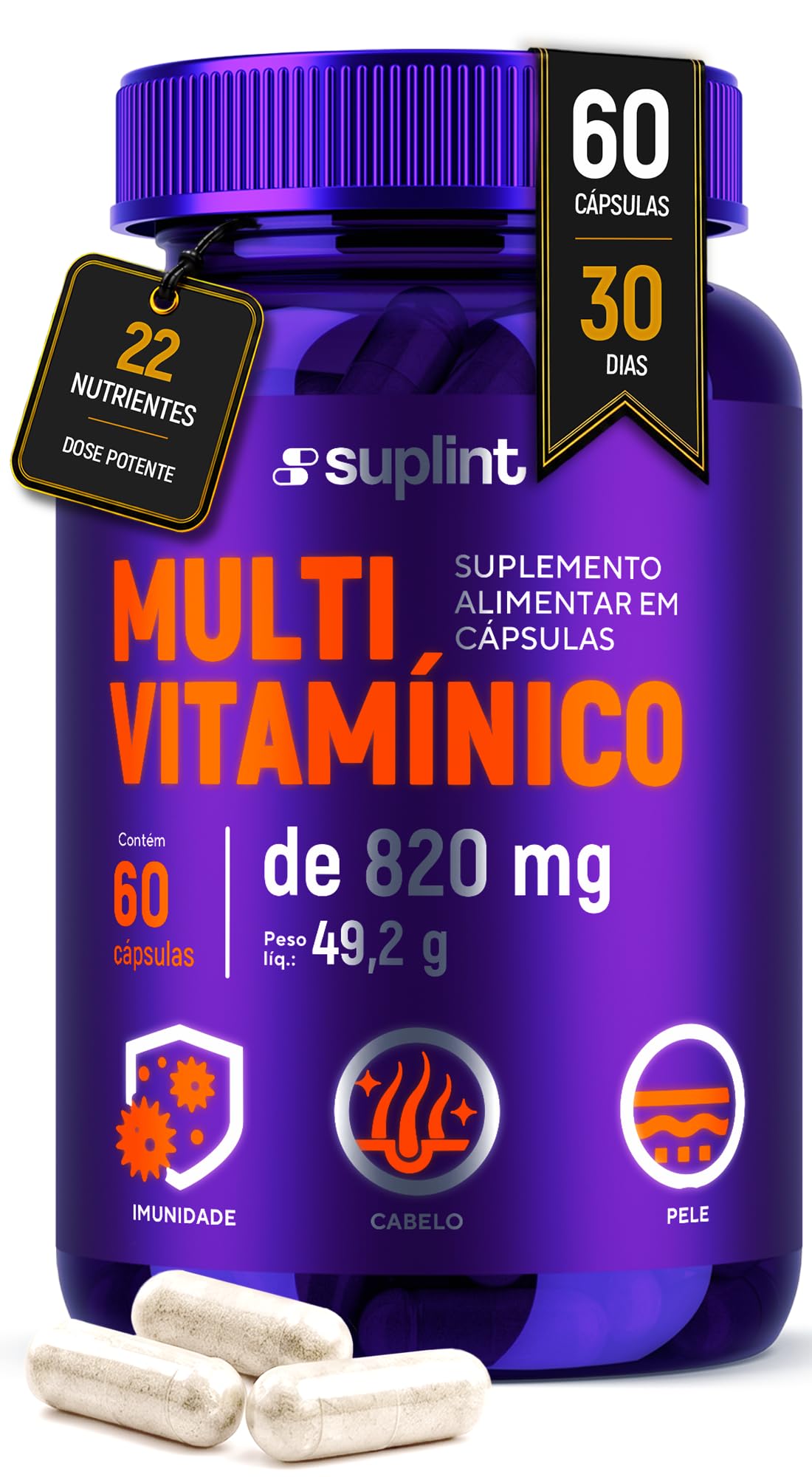 Multivitamínico com Vitaminas A, C, D, E, K e Complexo B + Zinco, Ferro e Cromo – Imunidade, Cabelo e Pele – Sem Glúten – 60 Cápsulas