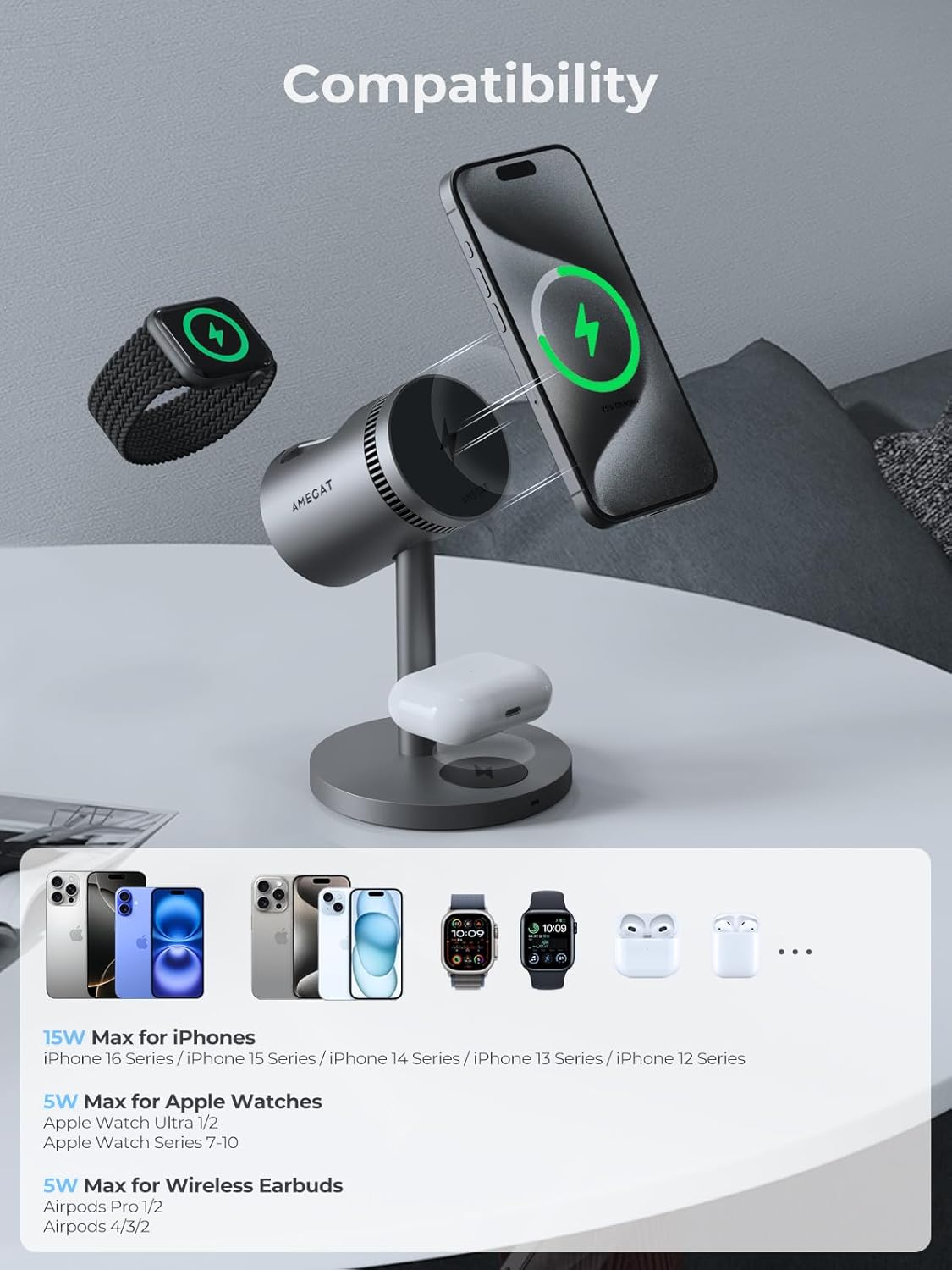 3 in 1 Charging Station Compatible with MagSafe, Cooling Wireless Charger 15W Qi2 Certified for iPhone 17/16/15/14/13/12, Samsung S25, Apple Watch, AirPods (45W PD Charger Included)