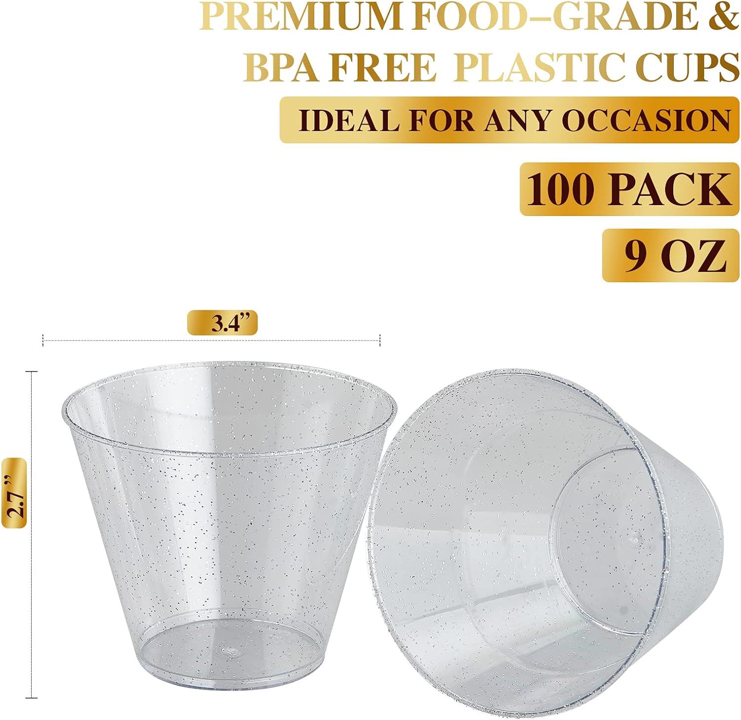 FOCUSLINE 9 oz Silver Plastic Cups, Disposable Clear Fancy Hard Plastic Cups, Silver Glitter, Heavy Duty, Reusable,100 Count - Image 2