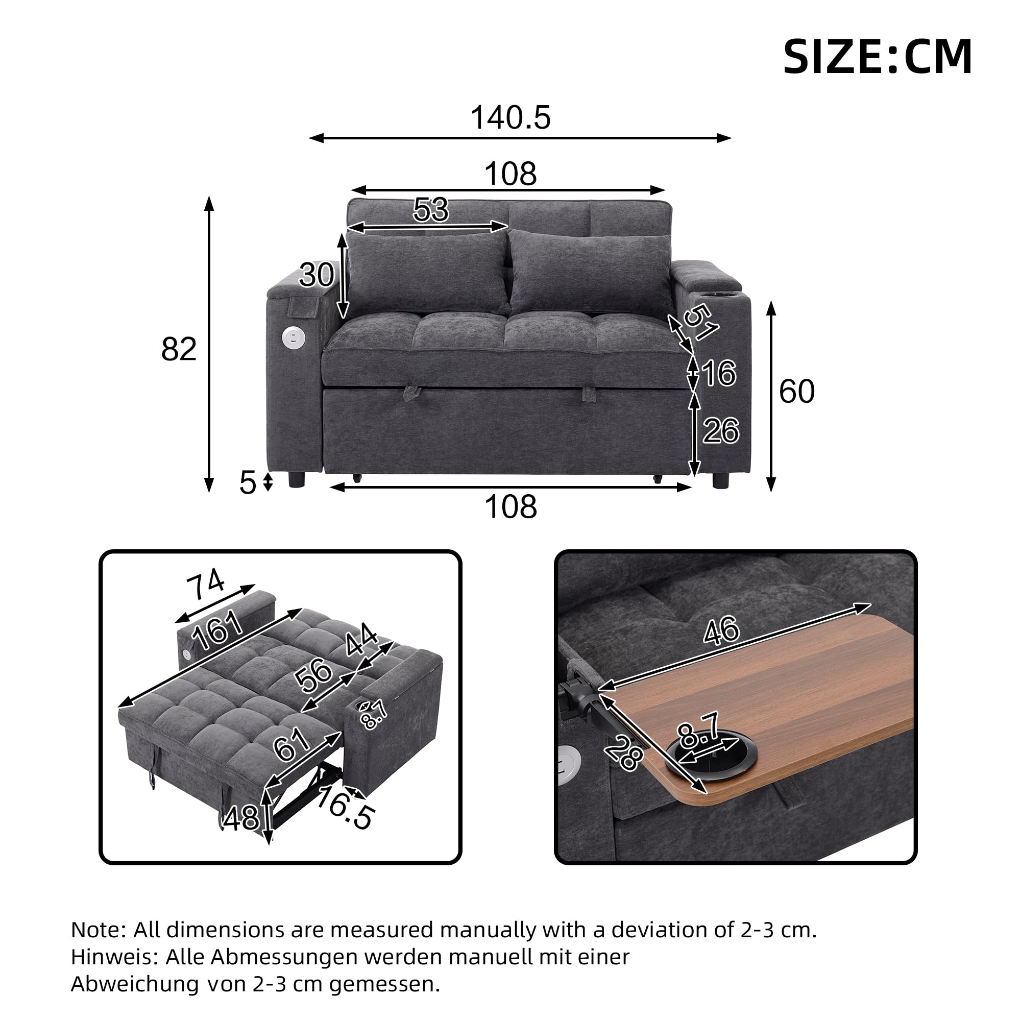 Merax Schlafsofa 3-in-1 Ausziehsofa 140x74x82 cm, 2-Sitzer Sofa mit Schlaffunktion, verstellbare Rückenlehne, USB & Typ-C, Daybed mit Getränkehalter und Stauraum, Ausziehbares Loungesofa Grau