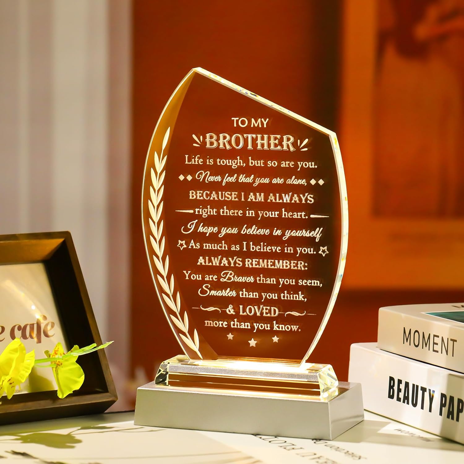 Movdyka To My Brother Gifts - LED Light Laser Engraved Glass Plaque Color-Changing Night Light Decor Sentimental Brother Gifts for Birthday Christmas - Image 3