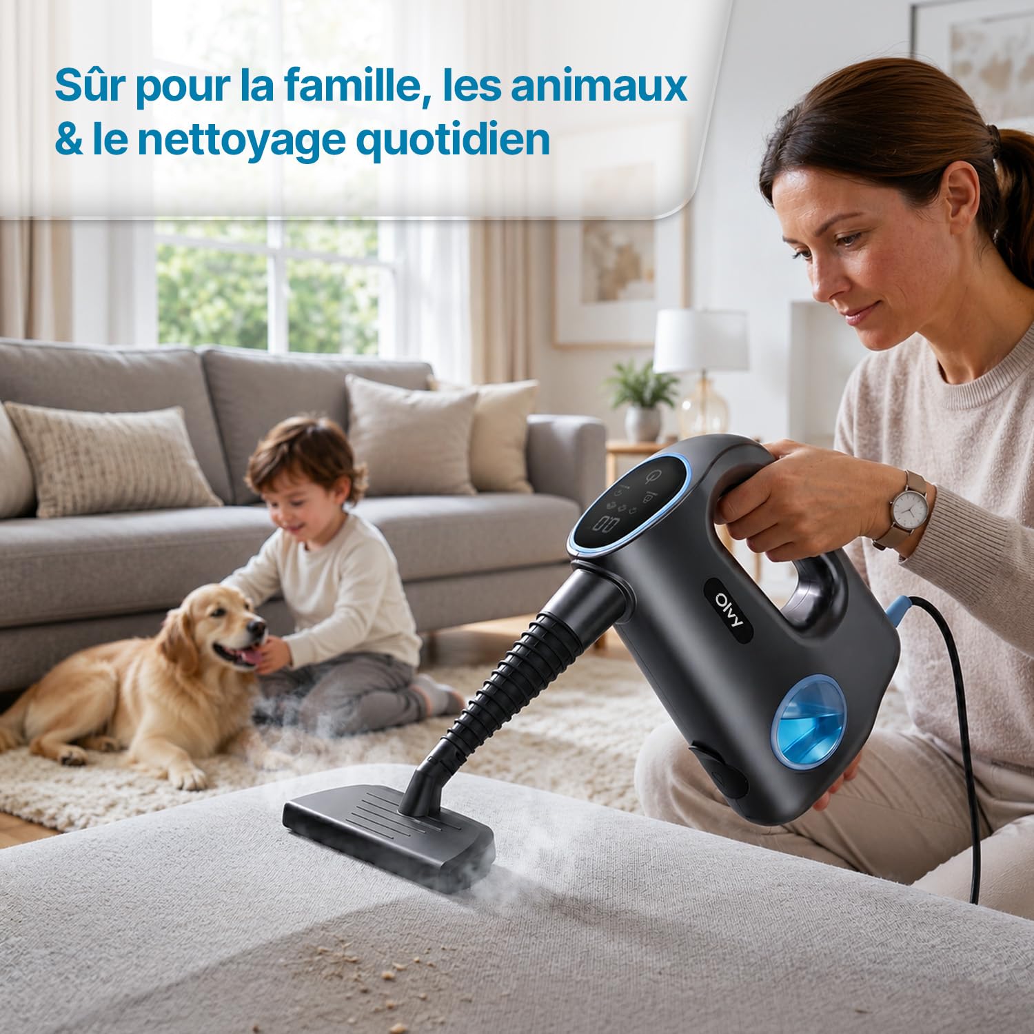 Olvy Nettoyeur Vapeur à Main 1200W Haute Pression Portable avec 3 Niveaux de Vapeur et Kit 10 Accessoires, Réservoir 400ml, pour Maison Carrelage Canapé Cuisine et Bain