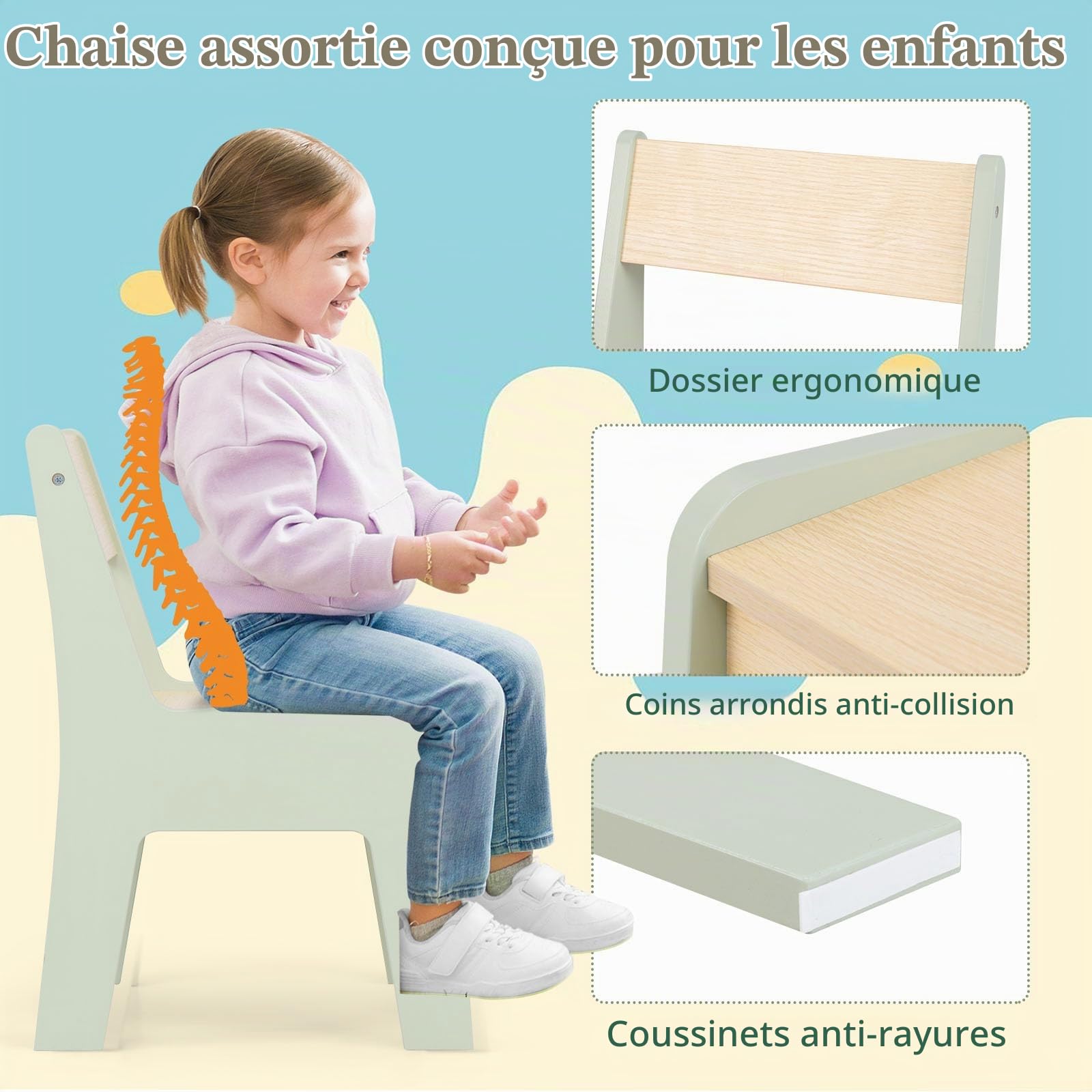 LIFEZEAL Table pour Enfant avec Chaise, Bureau Amovible avec Espace de Rangement, Ensemble de sièges avec Tableau Double Face, Ensemble de chaises pour Jouer, Lire, Peindre, Manger (Vert+Naturel)
