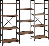 SUPERJARE Triple Bookshelf: 11 Adjustable Open Shelves, 4-Tier Wide Bookcase for Home Office Storage - Rustic Brown, Stable Steel Frame