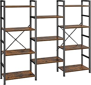 SUPERJARE Triple Bookshelf, Bookcase with 11 Open Display Shelves, Wide Book Shelf Book Case for Home & Office, 4 Tier, Brown,ABC009Z