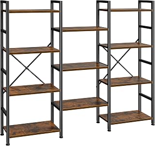 SUPERJARE Triple Bookshelf: 11 Adjustable Open Shelves, 4-Tier Wide Bookcase for Home Office Storage - Rustic Brown, Stable Steel Frame