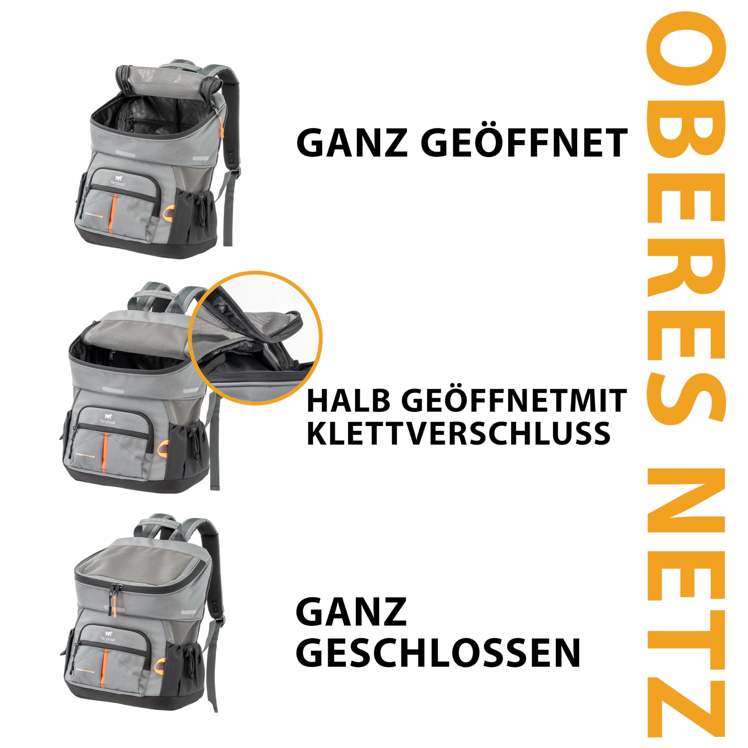 Ferplast Hunderucksack Voyager Backpack, Katzenrucksack, Hundetasche, Hundebox, Weite Öffnung, verstellbare Gurte, Sicherheitsgurt, mit Kissen, max. 10 kg, 29 x 21 x 36 H, Grau