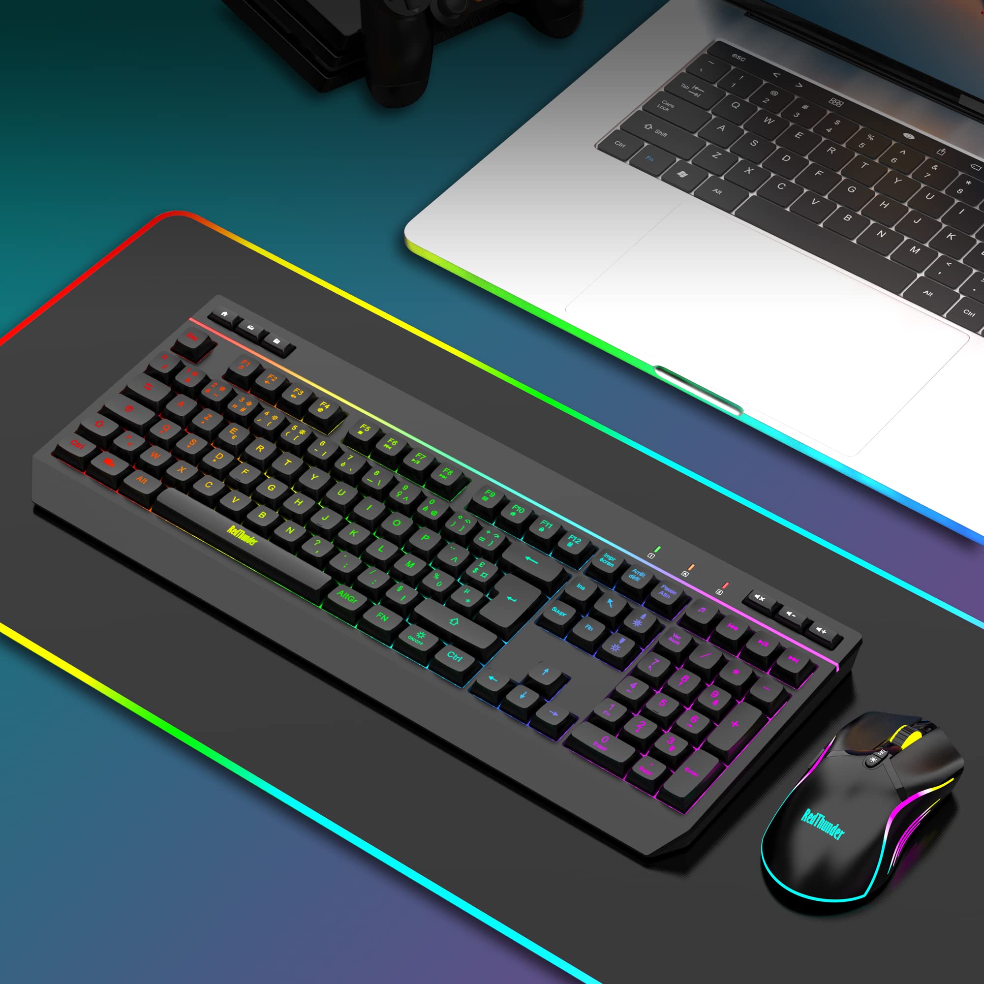 RedThunder K20 Juego de teclado y ratón inalámbricos para gaming, diseño QWERTZ DE, retroiluminación RGB + teclas de función multimedia, ratón inalámbrico de 4800 ppp para PC, Mac, portátil (negro)