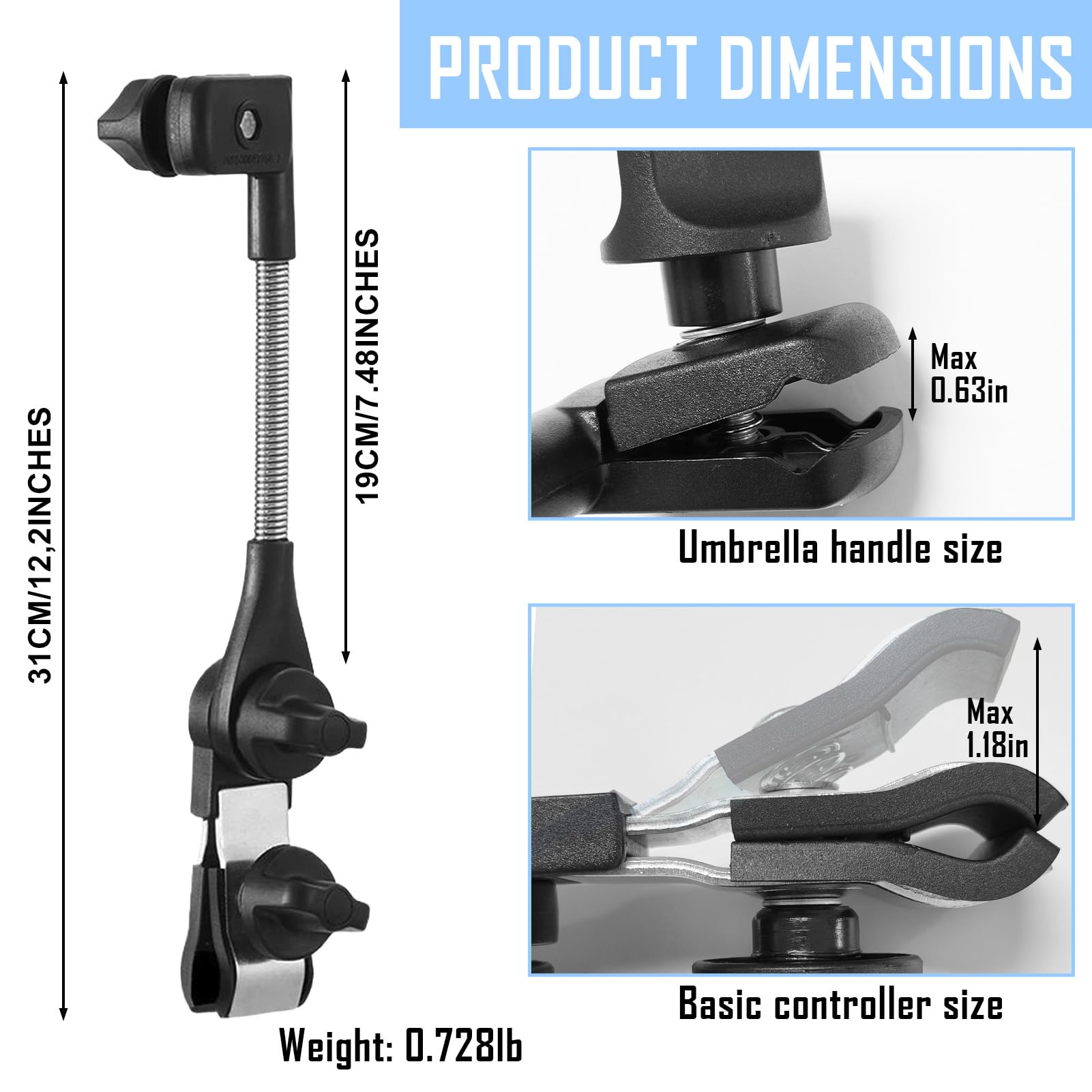 Porte-Parapluie Poussette, Réglable Support de Parapluie de Vélo, Facile à Installer Pince Universelle Réglable à 360 Degrés pour Chariot de Golf, Fauteuil Roulant, Fauteuil Roulant, Chaise de Plage