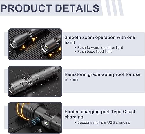 Miniatura 4 de Potente linterna, linterna LED de aleación de aluminio 5.6 x 1.4, pequeñas linternas recargables tipo C, impermeables, altos lúmenes para