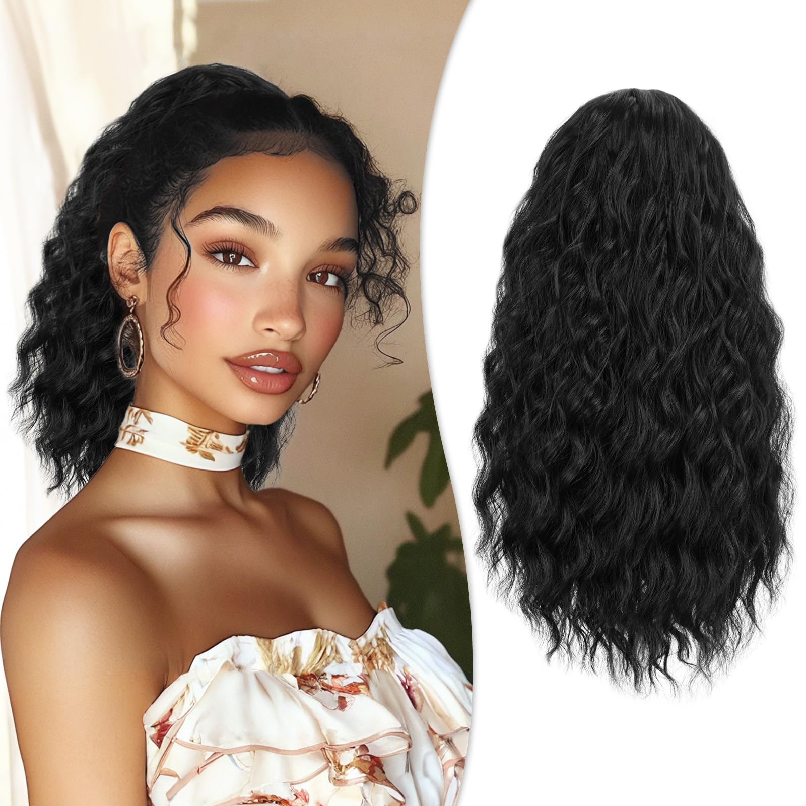 RUWISS Curly Drawstring Ponytail Extension for Black Women,16 inch Natural Black Afro Kinky Ponytail Synthetic Hairpiece for Daily Party Use