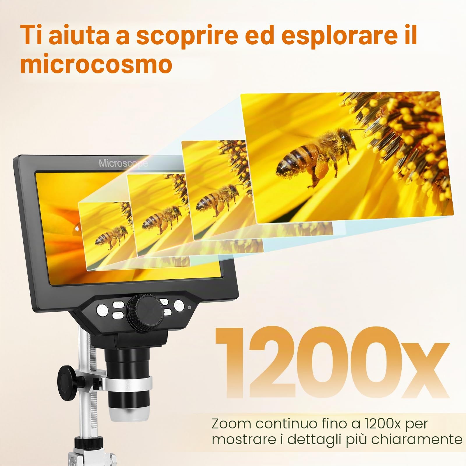 Microscopio digitale 7 pollici, G1200 LCD 3000 mAh USB, registrazione video FHD 1080P, risoluzione 1-1200X, 8 luci LED regolabili per adulti/bambini