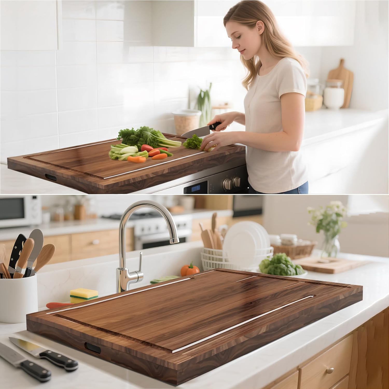 noodle board stove cover, noodle board stove covers with handle, wooded stove top covers for electric stove and gas burners, cutting board with juice groove & separate zone, walnut