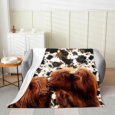 Highland Cattle Fleece Throw Blanket for Kids Girls Bed, Milk Cow Skin Fur Print Fuzzy Blanket All Season Rustic Western Animal Bed Blanket, Room Decor Plush Blanket, Throw 50
