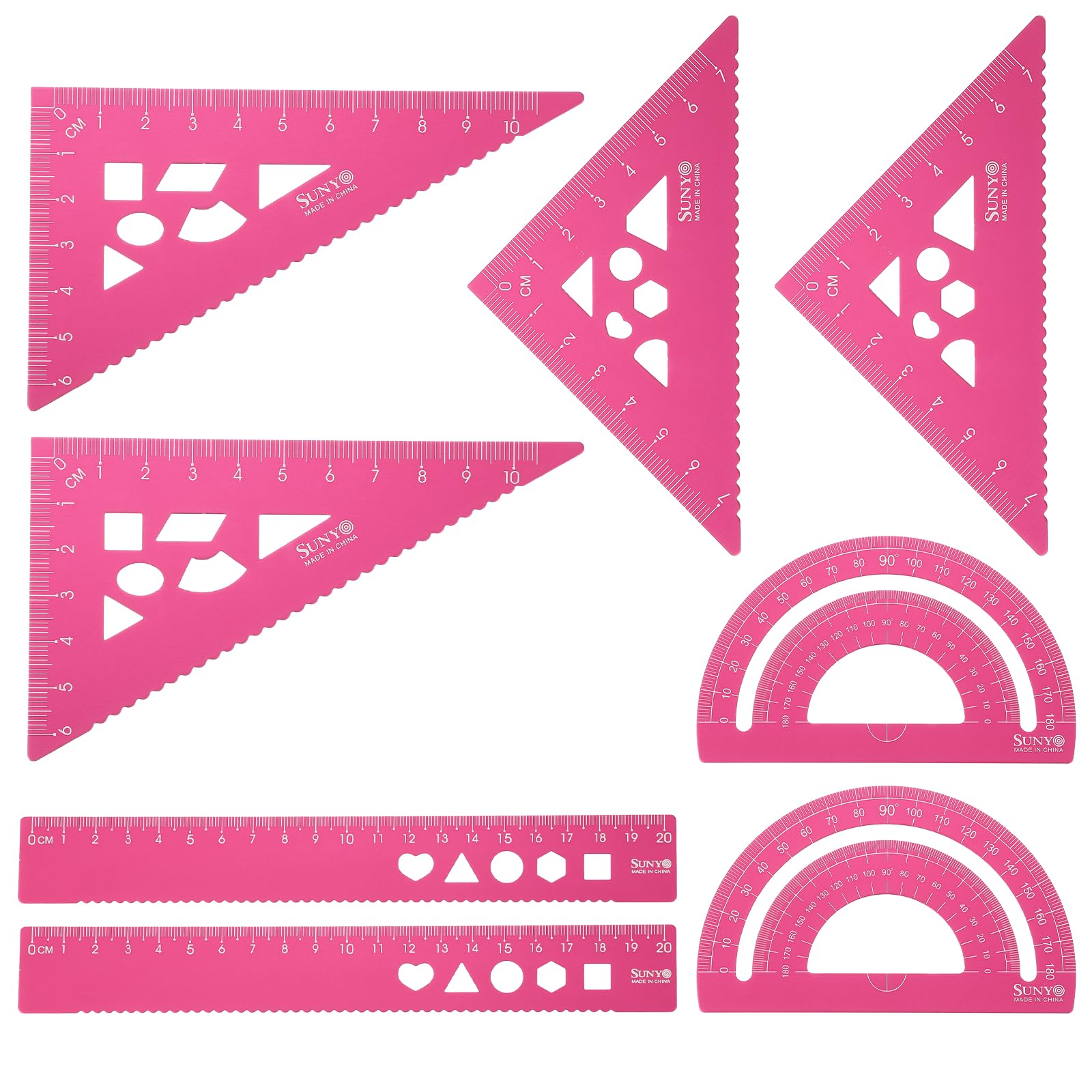 sourcing map 8pcs Triangular Ruler Set 20cm Aluminum Alloy Straight Geometric Protractor Triangle Engineering Scale Drafting Ruler Kit Measuring Drawing Tool for Classroom Office Home, Pink